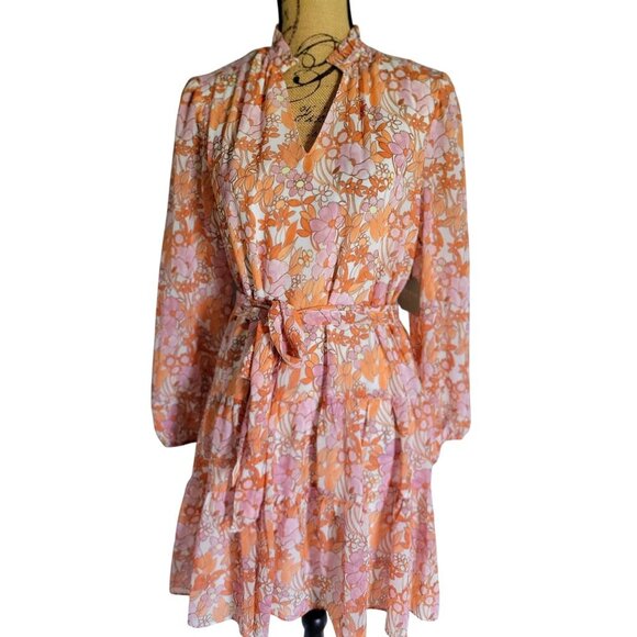 REYGRASS Long Sleeve Orange Pink Floral Dress Light Sheer Fabric Women's SZ M - Picture 3 of 9